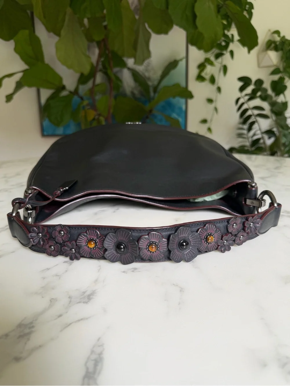 Coach Nomad Mae Hobo in Willow Floral Tea Roses Black Leather Shoulder Bag 55543
